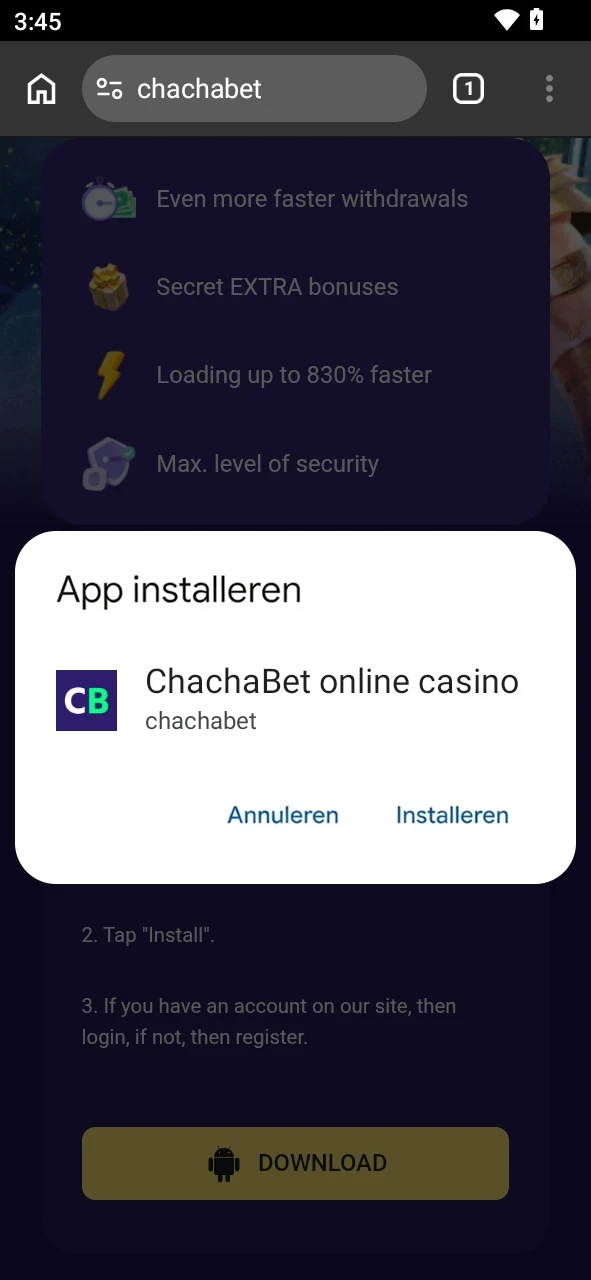 Voltooi de volledige installatie van de Chachabet App op Android.