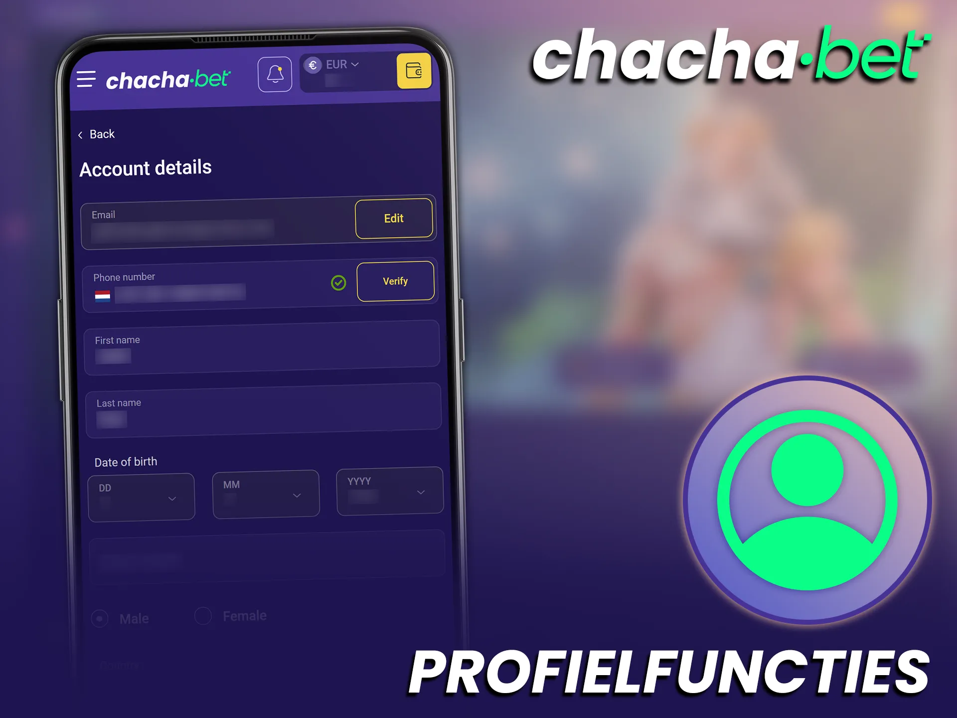 Beheer uw persoonlijke profiel functies eenvoudig binnen de Chachabet Android App.