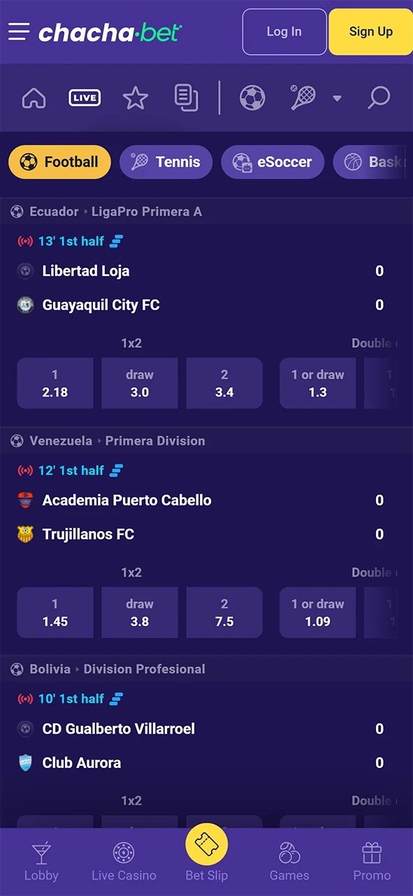Bezoek de sport sectie in de ChachaBet App en zet in op je favoriete teams.
