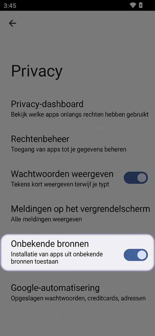 Sta installatie van de Chachabet app op Android toe via instellingen.