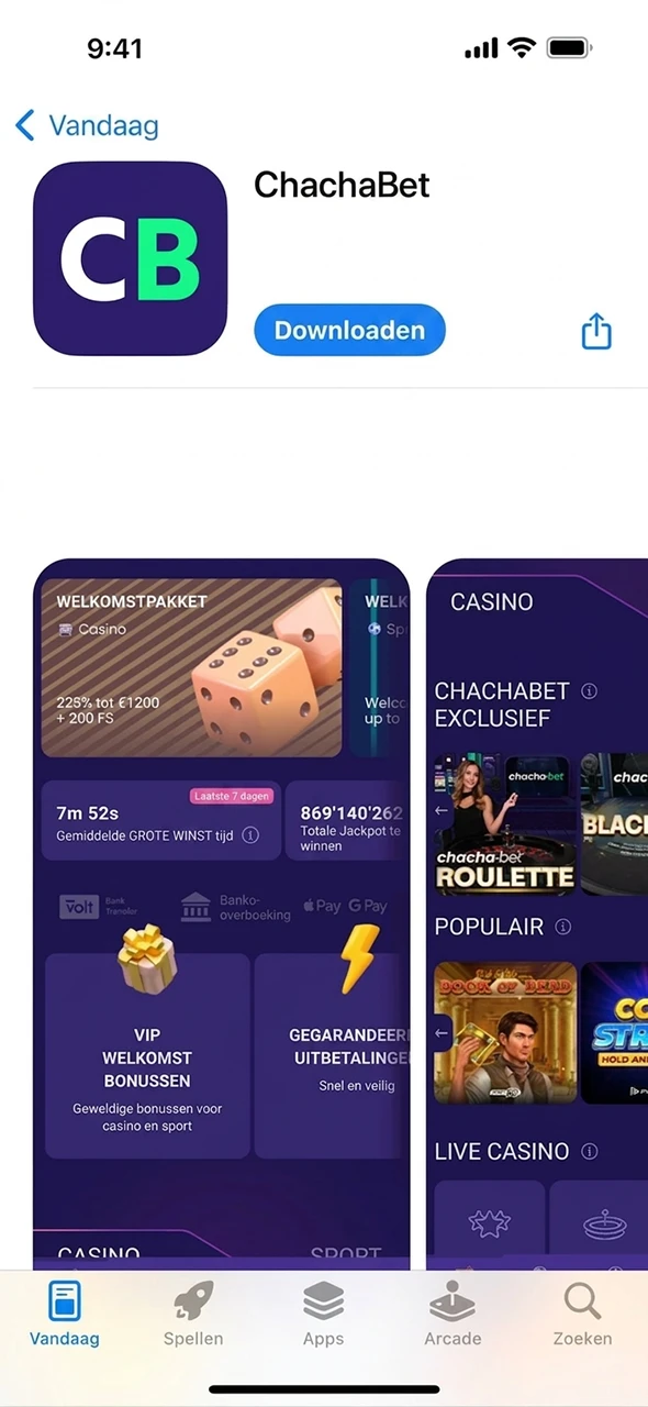 Word doorgeleid naar de winkel voor de Chachabet app op iOS.
