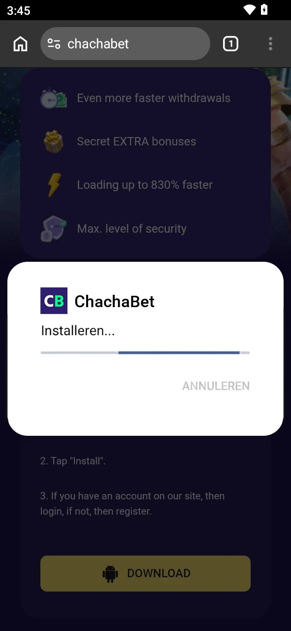 Wacht tot het proces om de Chachabet Android app bij te werken eindigt.