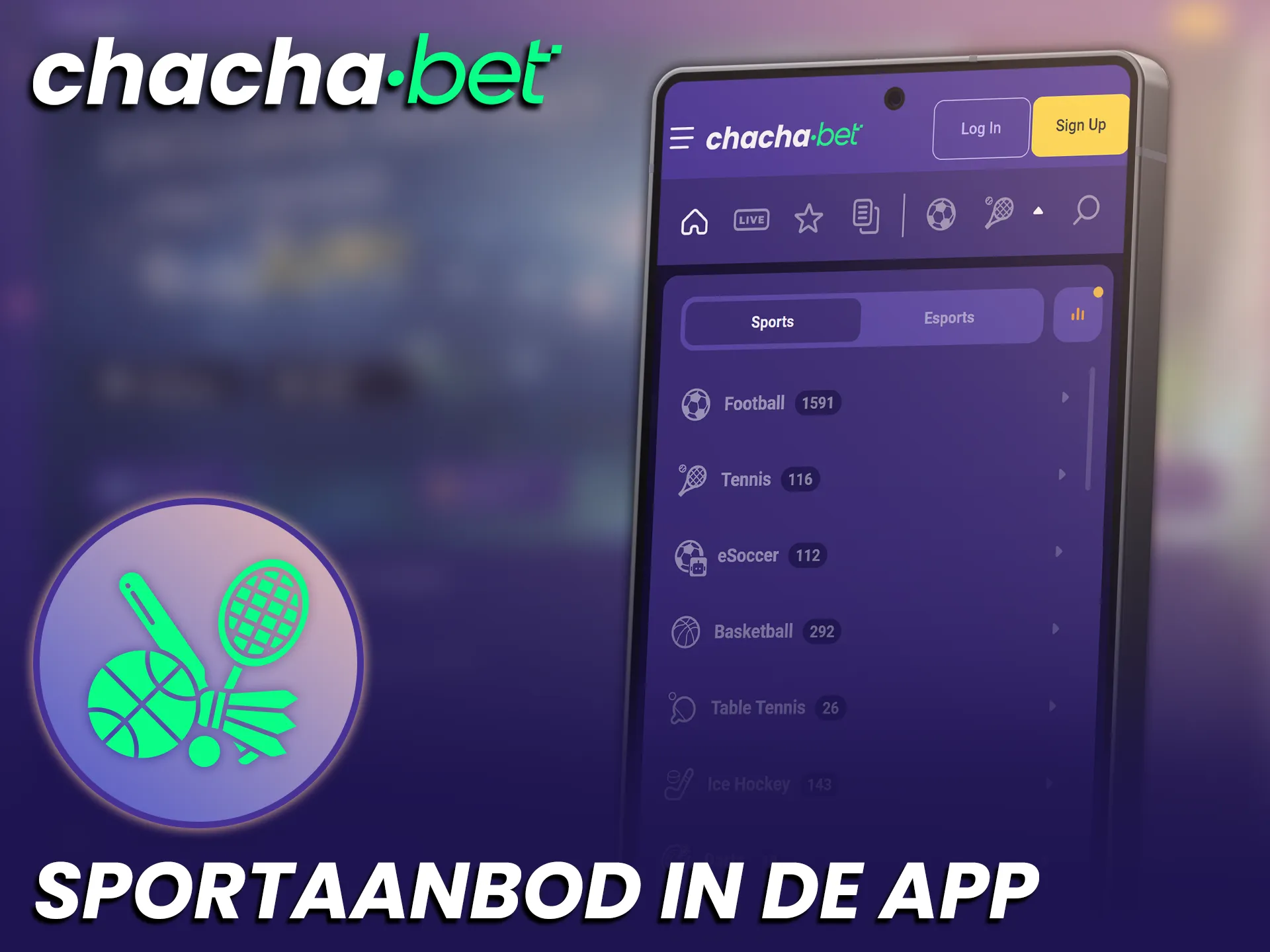 Ontdek alle beschikbare sportweddenschappen in de handige Chachabet app.