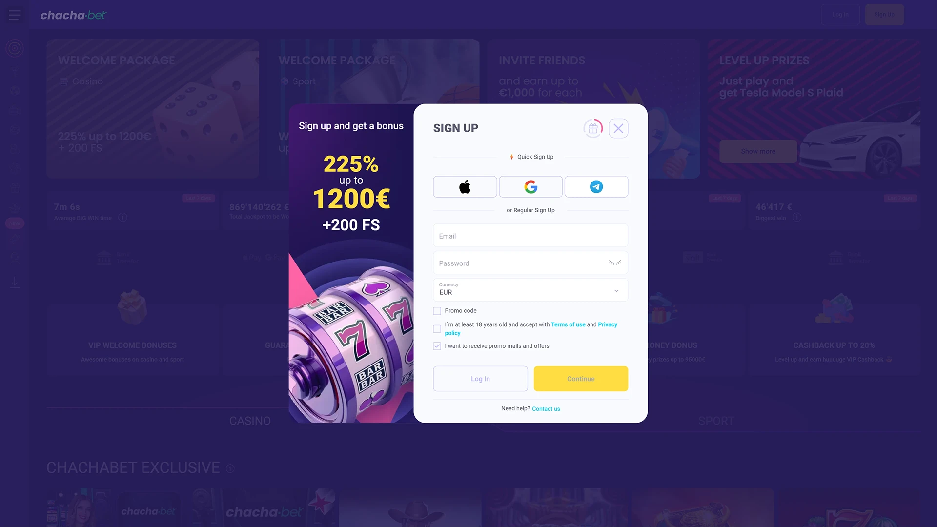 Start het registratieproces via de overzichtelijke interface van de Chachabet website.