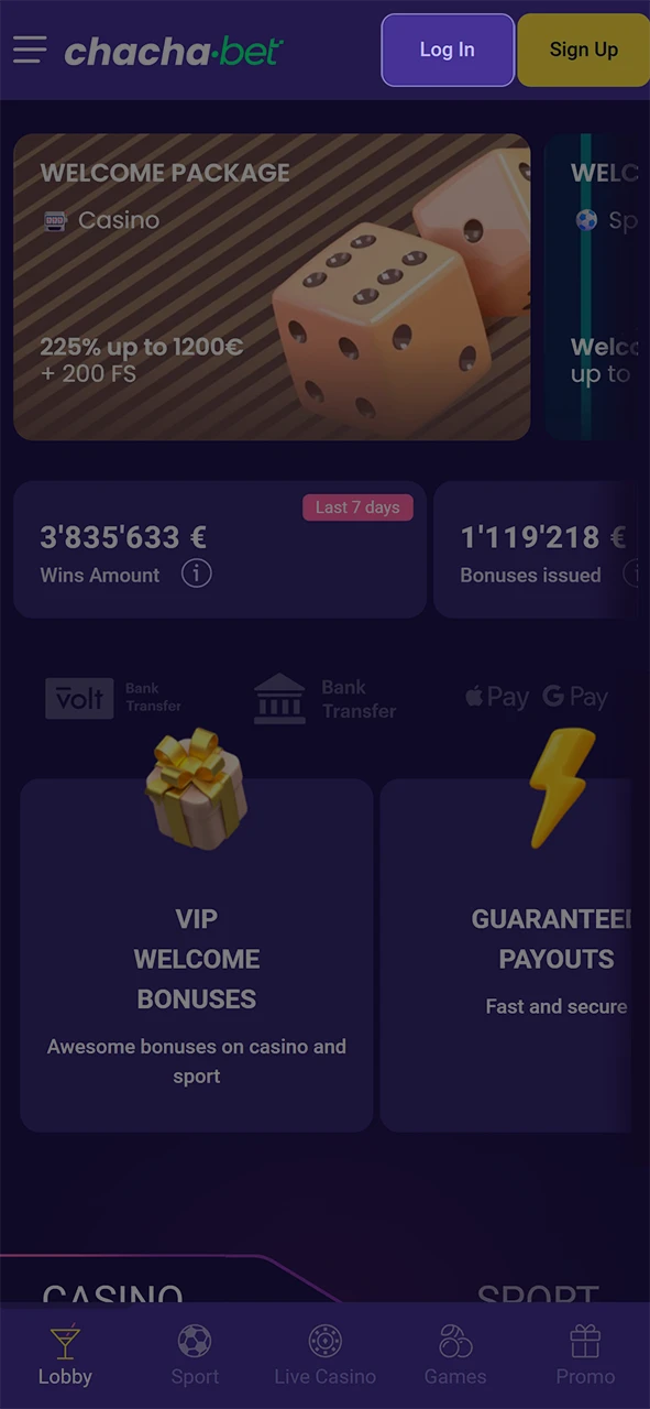 Tik op de knop om te inloggen bij Chachabet.