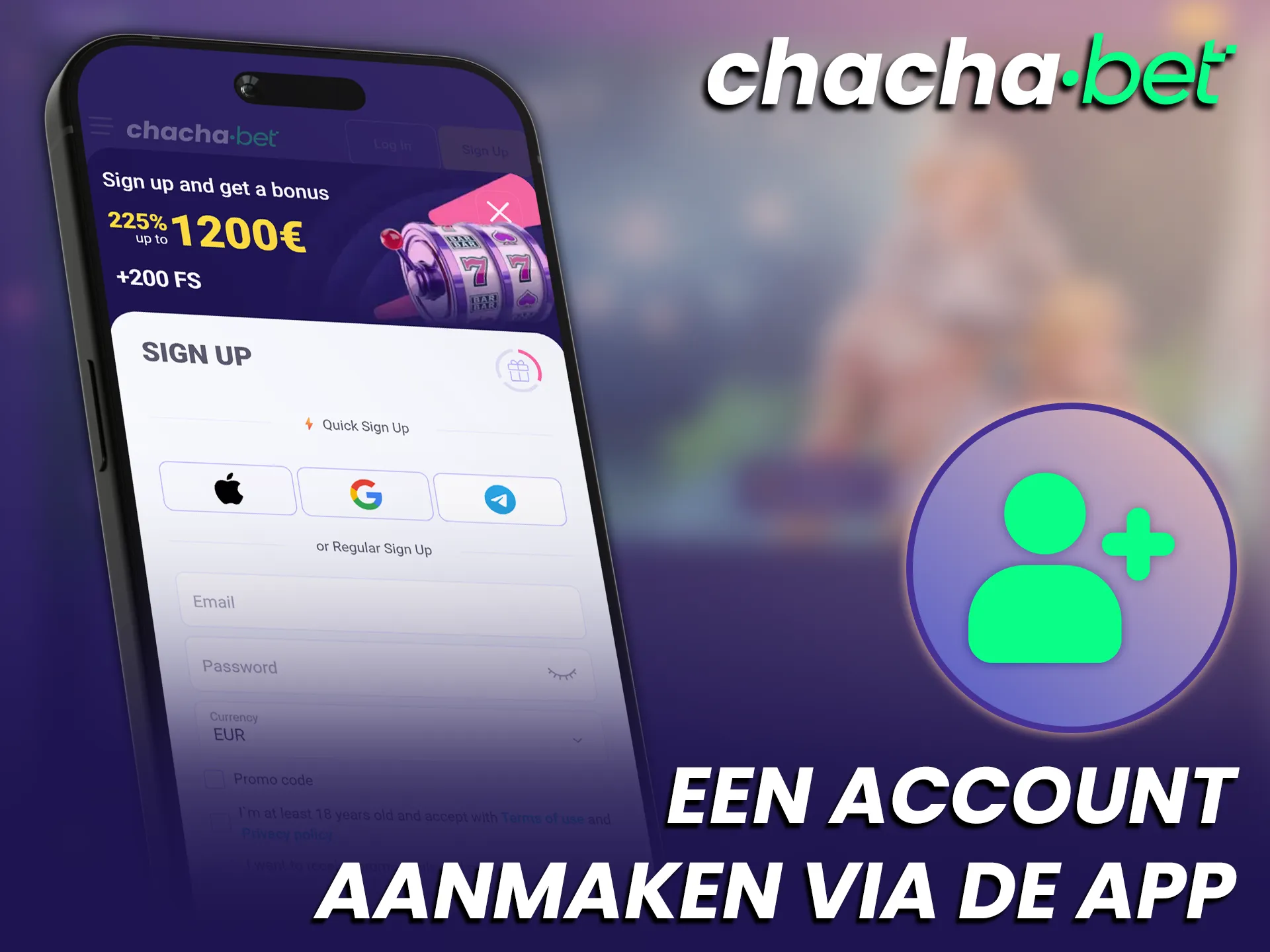 Registreer een nieuw account via de mobiele Chachabet iOS App.