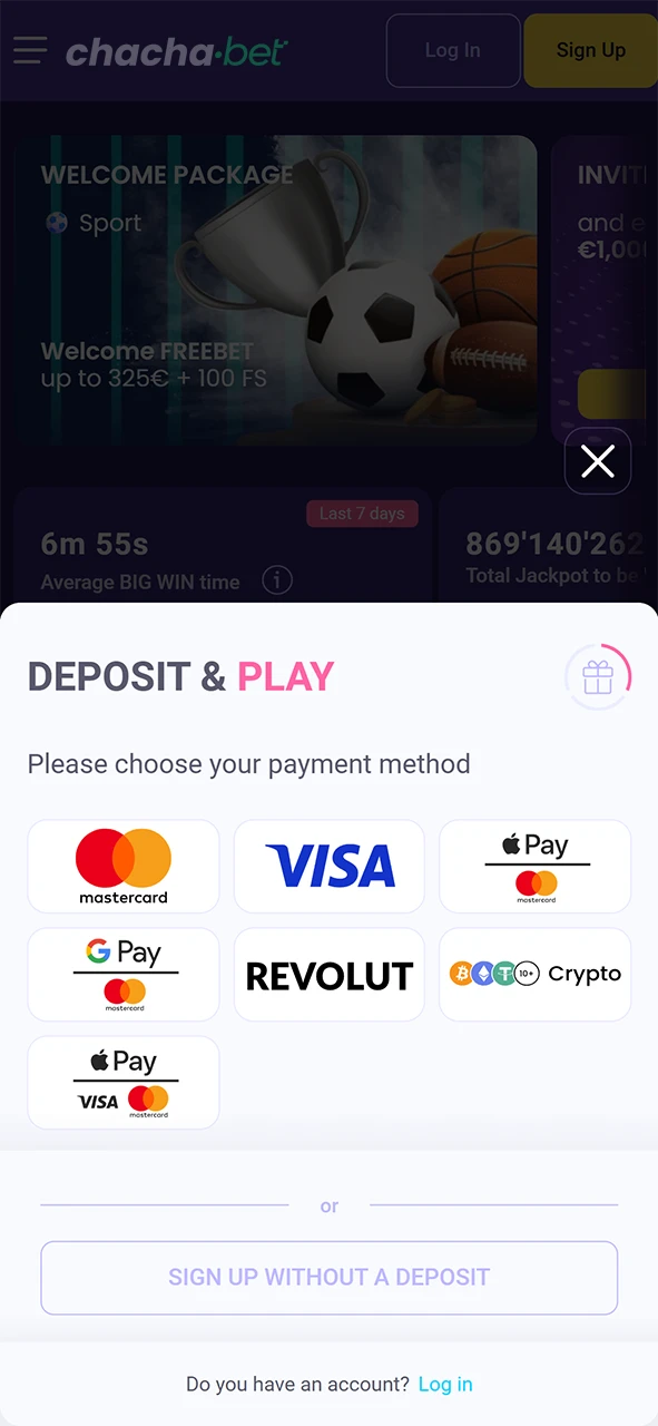 Open de Chachabet iOS App na het Downloaden en stort direct geld.