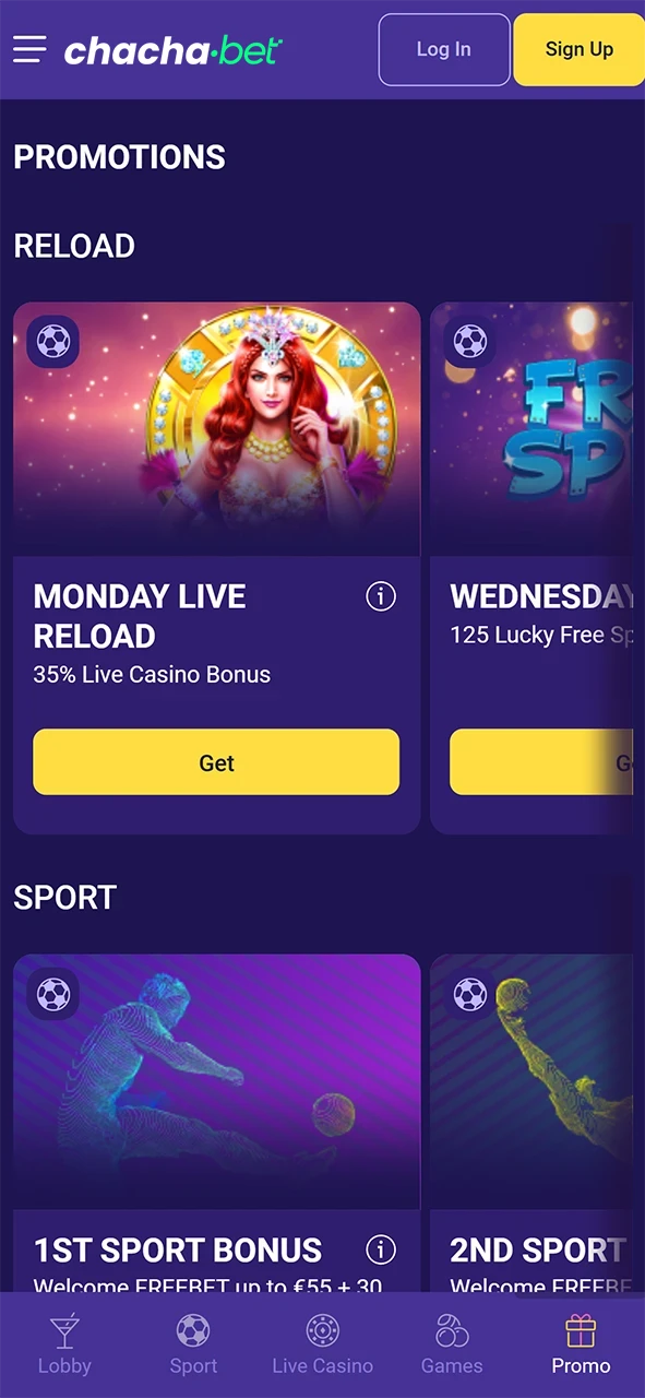 Beschikbare bonussen in de Chachabet iOS-app.