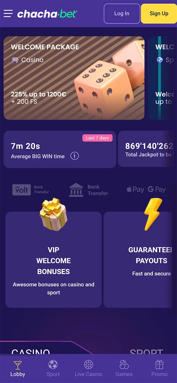 Bekijk het gebruiksvriendelijke startscherm van de Chachabet iOS-app.