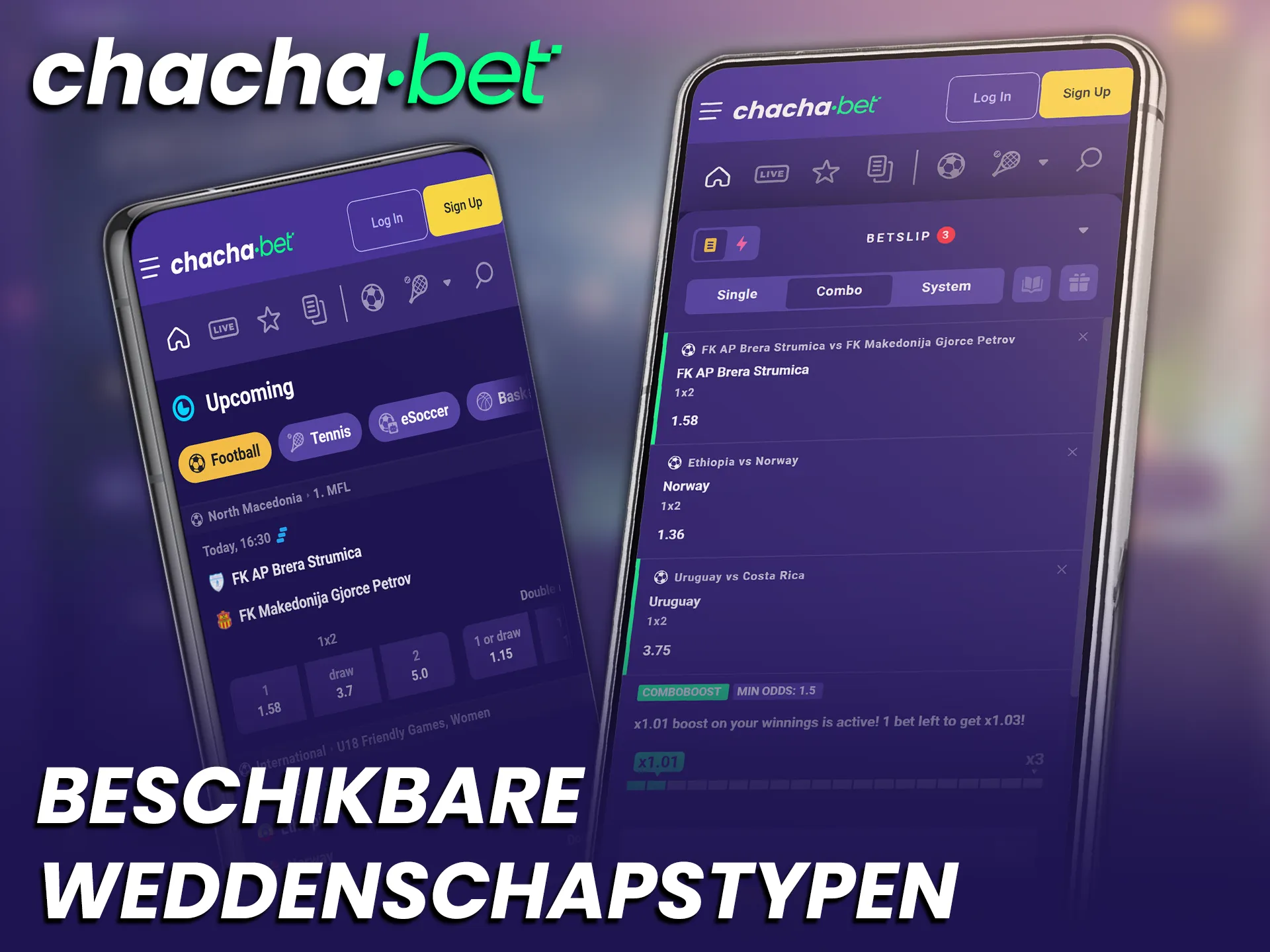 Bekijk alle beschikbare weddenschapstypen in de handige mobiel app van Chachabet.