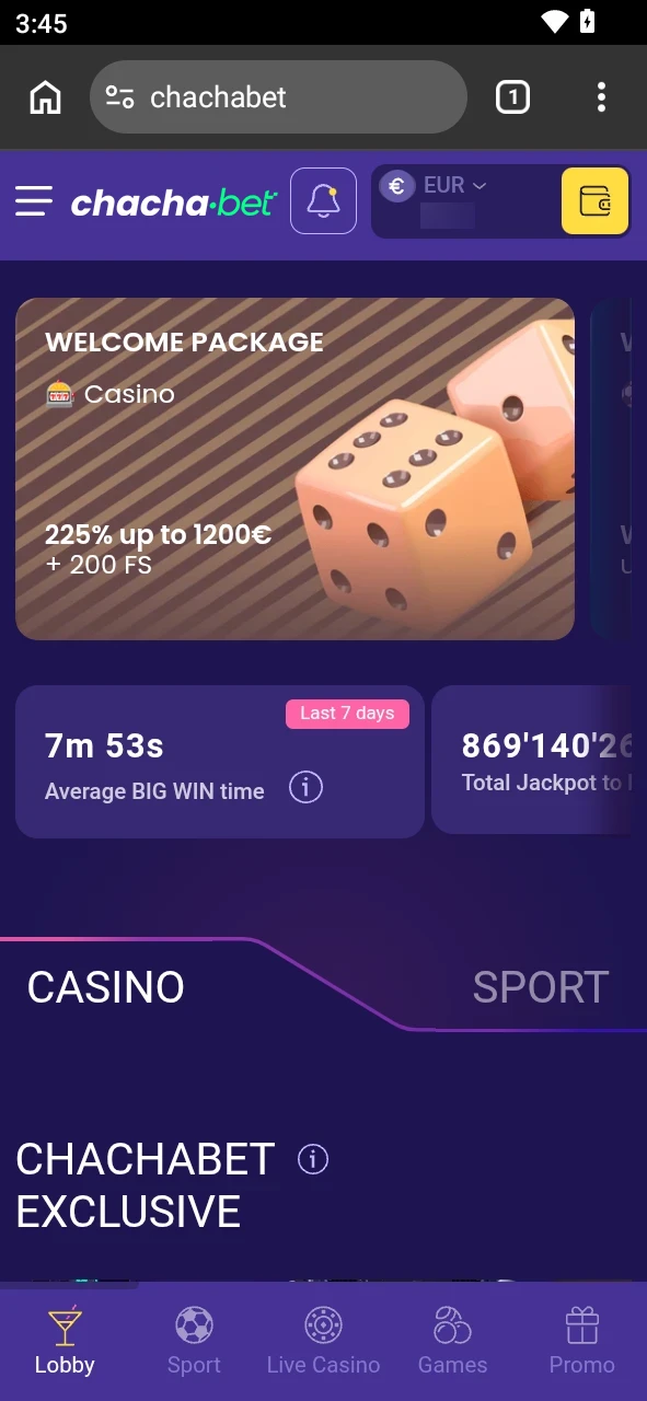 Gebruik de mobiel webversie van Chachabet op je Android toestel.