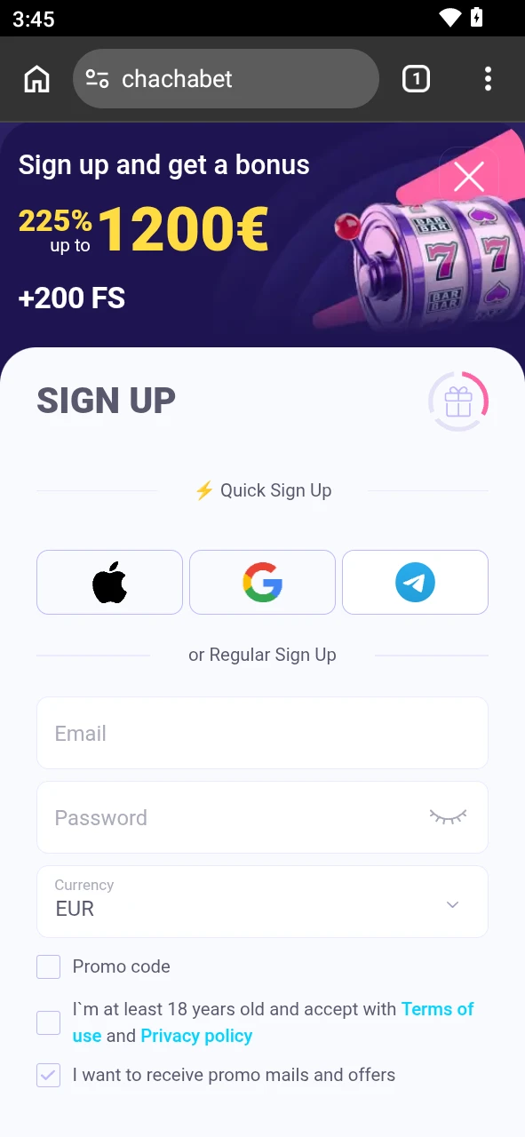 Creëer snel een nieuw account op Android via Chachabet mobiel.