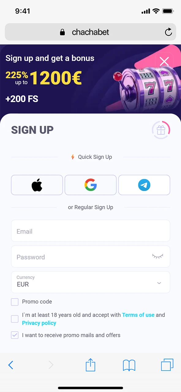 Start direct met registreren op iOS via de Chachabet mobiel app.