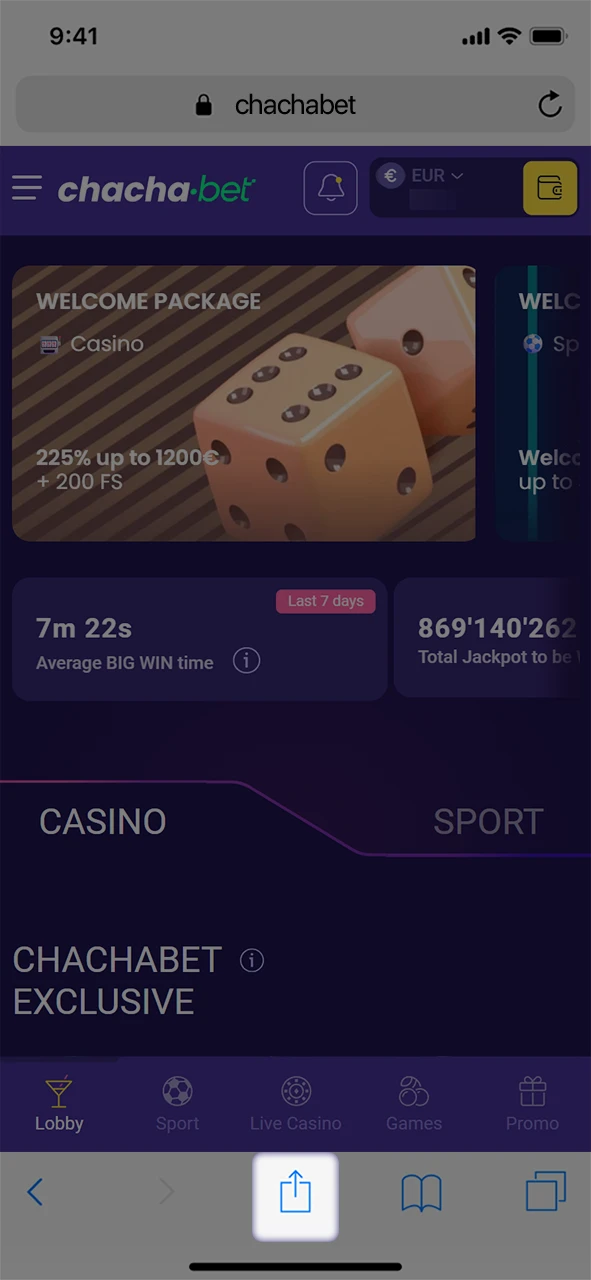 Klik op de deelknop op iOS voor de Chachabet mobiel app.