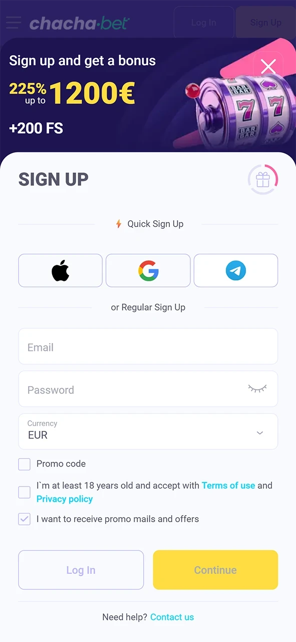 Voltooi de registratie via de ChachaBet app om direct te kunnen inloggen.
