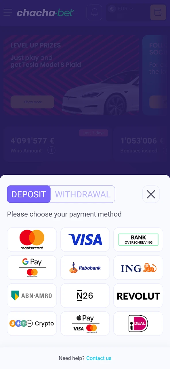 Doe een eerste storting bij het aanmelden voor een Chachabet registratie.