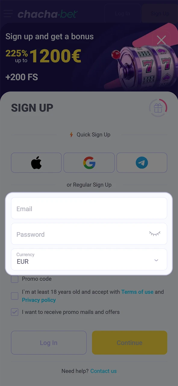 Vul persoonlijke gegevens in tijdens het aanmelden voor een Chachabet registratie.