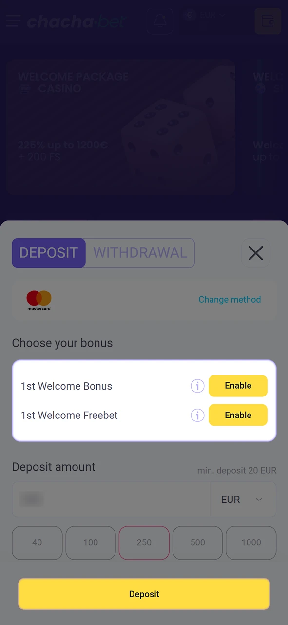 Activeer de welkomstbonus handmatig in je ChachaBet profiel en start je sessie.