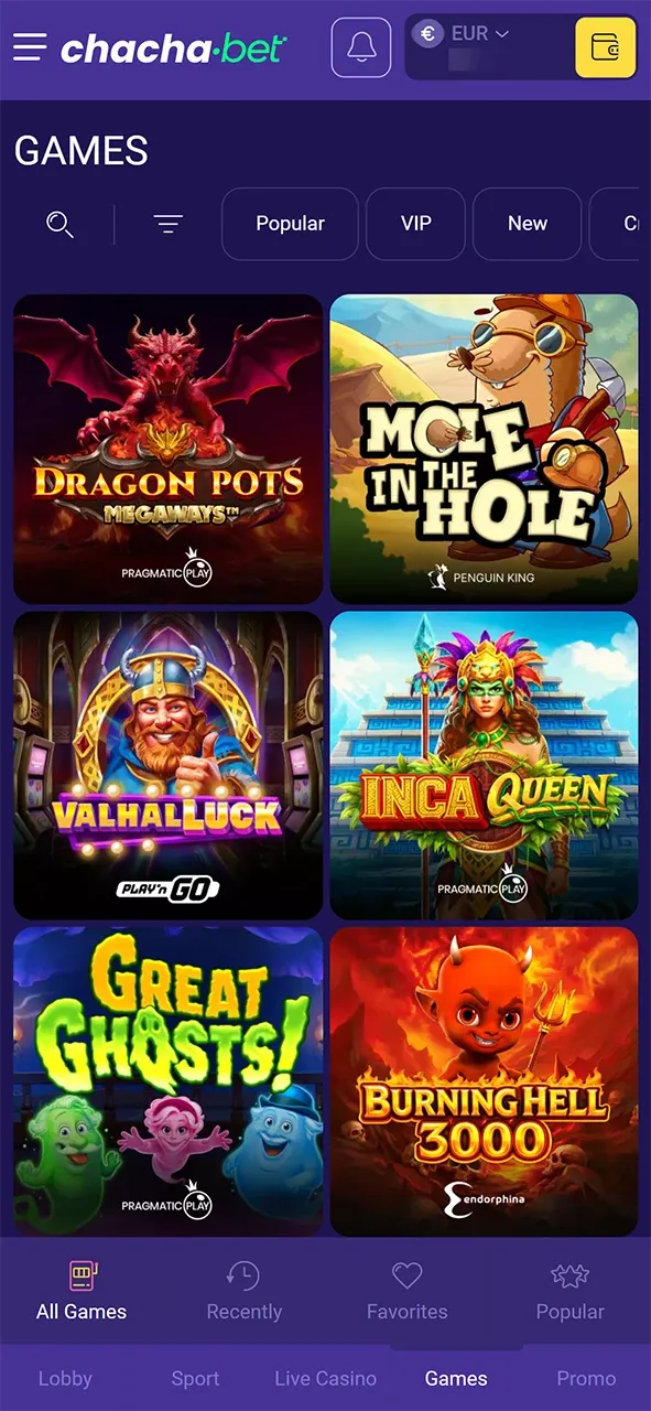 Selecteer je favoriete Casino spel en win bij ChachaBet.