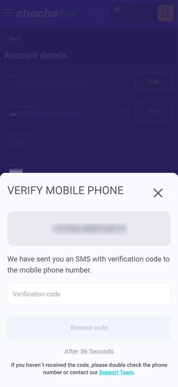 Laat je telefoonnummer controleren voor de volledige verificatie bij ChachaBet.